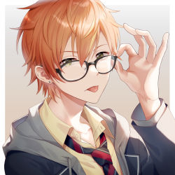 Rule 34 | 1boy, earrings, glasses, hood, hooded jacket, hoodie, jacket, jewelry, kamiyama high school uniform (project sekai), looking at viewer, male focus, multicolored hair, multicolored necktie, multiple boys, necktie, offtoon12, orange hair, project sekai, school uniform, shinonome akito, shirt, short hair, simple background, tongue, tongue out, two-tone hair