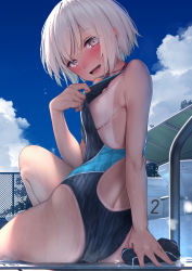 Rule 34 | 1girl, :d, absurdres, ass, bare arms, bare legs, bare shoulders, black one-piece swimsuit, blue sky, blush, breasts, cloud, commentary request, commission, competition swimsuit, day, from behind, highres, knee up, looking at viewer, looking back, medium breasts, one-piece swimsuit, one-piece tan, open mouth, original, outdoors, pixiv commission, poolside, purple eyes, rerrere, short hair, sideboob, sky, smile, solo, swimsuit, tan, tanline, thighs, water, wet, white hair