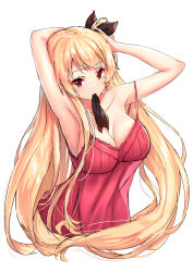 Rule 34 | 1girl, alternate costume, armpits, arms up, azur lane, bare shoulders, black ribbon, blonde hair, blush, breasts, camisole, cleavage, collarbone, hair ribbon, hairdressing, highres, large breasts, long hair, looking at viewer, mouth hold, nelson (azur lane), pensuke, red eyes, ribbon, sidelocks, simple background, solo, strap slip, upper body, very long hair, white background