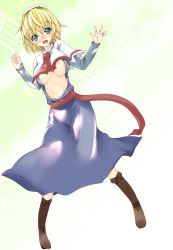 Rule 34 | 1girl, alice margatroid, blonde hair, blush, boots, cape, female focus, green eyes, hairband, open clothes, open hand, solo, takara akihito, touhou
