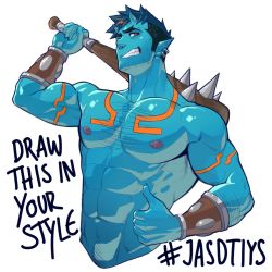 Rule 34 | 1boy, abs, bara, blue oni, blue skin, chest hair, clenched teeth, club (weapon), colored skin, cropped torso, earrings, english text, facial hair, hairy, horns, jasdavi, jewelry, large pectorals, male focus, muscular, navel, navel hair, nipples, oni, oni horns, original, oskar (jasdavi), over shoulder, pectorals, pointy ears, red eyes, topless male, short hair, sideburns, smirk, solo, spiked club, stubble, teeth, weapon, weapon over shoulder