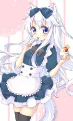Rule 34 | 1girl, animal ear fluff, animal ears, apron, black thighhighs, blue eyes, bow, dress, eating, food, food on face, fruit, hair bow, joujou, long hair, looking at viewer, original, pudding, solo, spoon, strawberry, tail, thighhighs, white hair, zettai ryouiki