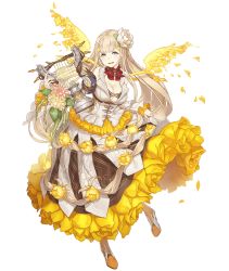 Rule 34 | 1girl, :d, blonde hair, blue eyes, breasts, choker, cleavage, clothes lift, dress, dress lift, flower, frilled dress, frills, full body, hair flower, hair ornament, half-closed eyes, harp, high heels, instrument, ji no, large breasts, long hair, looking at viewer, official art, open mouth, petals, rapunzel (sinoalice), rose, sinoalice, smile, solo, teeth, transparent background, upper teeth only, yellow flower, yellow rose