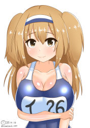 Rule 34 | blue one-piece swimsuit, breast rest, breasts, brown eyes, cleavage, covered navel, cowboy shot, dated, hair between eyes, hairband, i-26 (kancolle), kantai collection, large pectorals, light brown hair, lips, long hair, looking at viewer, name tag, new school swimsuit, one-piece swimsuit, pectorals, school swimsuit, shiromaru (maniado), signature, solo, swimsuit, two-tone hairband, two side up