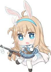 Rule 34 | 1girl, ahoge, animal ears, bailingxiao jiu, black footwear, blue eyes, blue hairband, blue jacket, blue skirt, blush, cape, chibi, choker, fang, full body, fur trim, girls&#039; frontline, gloves, gun, hair between eyes, hairband, heart, heart-shaped pupils, holding, holding gun, holding weapon, jacket, kemonomimi mode, light brown hair, long hair, long sleeves, looking at viewer, name connection, object namesake, open mouth, rabbit ears, rabbit girl, rabbit tail, simple background, skirt, solo, sparkle, standing, standing on one leg, striped clothes, striped skirt, submachine gun, suomi (girls&#039; frontline), suomi kp/-31, symbol-shaped pupils, tail, thighhighs, vertical-striped clothes, vertical-striped skirt, very long hair, weapon, white background, white cape, white gloves, white thighhighs