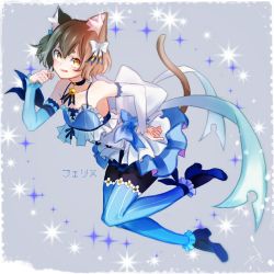 Rule 34 | 10s, 1boy, :3, :q, animal ears, ankle ribbon, arm ribbon, armpits, bare shoulders, black pantyhose, blue bow, blue dress, blue footwear, blue neckwear, blue ribbon, blue thighhighs, bob cut, bolo tie, bow, brown hair, cat boy, cat ears, cat tail, character name, choker, closed mouth, collarbone, commentary request, detached sleeves, dot nose, dot pupils, dress, dress bow, eyebrows, eyelashes, felix argyle, frilled dress, frilled thighhighs, frills, front-tie top, full body, grey background, hair between eyes, hair bow, hair ribbon, hand on own hip, hand up, high heels, highres, jewelry, large bow, layered dress, leaning forward, leg ribbon, leg up, lips, looking at viewer, male focus, pantyhose, parted bangs, paw pose, pendant, re:zero kara hajimeru isekai seikatsu, ribbon, shoes, short dress, short eyebrows, short hair, simple background, solo, spaghetti strap, sparkle, striped clothes, striped dress, striped pantyhose, striped ribbon, striped thighhighs, tail, text focus, thick eyebrows, thighhighs, thighhighs over pantyhose, toeless legwear, tongue, tongue out, translated, trap, vertical-striped clothes, vertical-striped dress, vertical-striped thighhighs, white bow