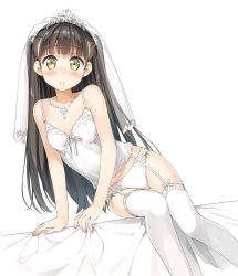 Rule 34 | 1girl, :o, arm support, bare arms, bare shoulders, blush, bridal veil, brown hair, camisole, crown, feet out of frame, gluteal fold, highres, jewelry, kantoku, long hair, looking at viewer, nagisa (kantoku), necklace, original, panties, simple background, solo, thigh gap, thighhighs, two side up, underwear, veil, white background, white panties, white thighhighs, yellow eyes