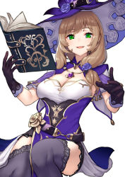Rule 34 | 1girl, belt, black gloves, black thighhighs, book, breasts, cleavage, floating, floating book, floating object, genshin impact, gloves, green eyes, hat, lisa (genshin impact), looking at viewer, medium breasts, open mouth, pensuke, purple hat, smile, solo, thighhighs, thighs, witch hat