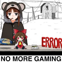 Rule 34 | 2girls, aiu404l, animal hood, barn, brown hair, cigarette, cow tools, error message, facing viewer, flat earth, fumo (doll), hair tubes, hakurei reimu, hood, hood up, iwakura lain, jaggy lines, looking at viewer, multiple girls, nontraditional miko, outdoors, power lines, red eyes, serial experiments lain, smoking, straight-on, tagme, touhou
