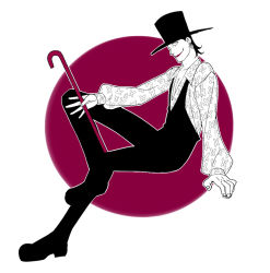 Rule 34 | 1boy, black hair, cane, earrings, full body, hat, jewelry, kouya (libera), lafitte, lipstick, looking at viewer, makeup, male focus, monochrome, one piece, overalls, pirate, sideways glance, simple background, sitting, smile, solo, spot color, staff, top hat, white background