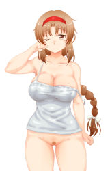 Rule 34 | 1girl, bottomless, braid, breasts, brown eyes, brown hair, d-frag!, female pubic hair, hairband, kesuida, large breasts, long hair, one eye closed, pubic hair, pussy, simple background, single braid, solo, strap slip, takao (d-frag!), uncensored, white background