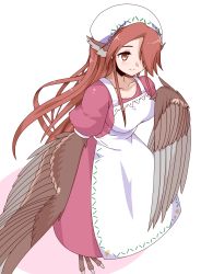 Rule 34 | 1girl, apron, brown hair, commentary request, dress, feathered wings, feathers, hair over one eye, harpy, feather hair, head scarf, highres, kawasumi (tk2k jade), long hair, monster girl, pink dress, rin (torikissa!), sidelocks, smile, solo, talons, torikissa!, winged arms, wings