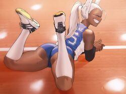 Rule 34 | 1girl, :d, animal ears, ass, bare shoulders, black sleeves, blue shorts, boku no hero academia, closed eyes, dark-skinned female, dark skin, detached sleeves, from behind, hair pulled back, highres, jersey, kneehighs, legs up, long hair, lying, mirko, on floor, on stomach, open mouth, own hands together, ponytail, rabbit ears, rabbit girl, rabbit tail, red eyes, shirt, short shorts, shorts, sleeveless, sleeveless shirt, smile, socks, solo, sportswear, sweat, tail, thighs, toned, volleyball uniform, white footwear, white hair, white socks, zukululuu