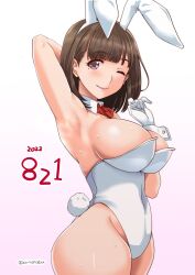 Rule 34 | 1girl, animal ears, aoi manabu, bare legs, bow, bowtie, breasts, brown hair, cowboy shot, dated, detached collar, gloves, gradient background, highres, large breasts, leotard, looking at viewer, original, playboy bunny, rabbit ears, rabbit tail, red eyes, short hair, solo, standing, tail, twitter username, white background, white gloves, white leotard, wrist cuffs