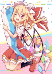 Rule 34 | 1girl, ;d, ascot, black socks, blonde hair, blush, crystal, flandre scarlet, full body, hat, hat ribbon, highres, kan lee, kneeling, looking at viewer, mob cap, one eye closed, open mouth, puffy short sleeves, puffy sleeves, red eyes, red footwear, red ribbon, ribbon, shoes, short sleeves, side ponytail, skirt, skirt set, smile, socks, solo, stuffed animal, stuffed toy, stuffed whale, touhou, wings