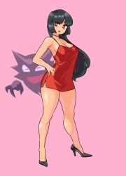 Rule 34 | 1girl, black hair, blunt bangs, breasts, bright pupils, cleavage, creatures (company), dress, full body, game freak, gen 1 pokemon, hands on own chest, haunter, high heels, highres, long hair, nintendo, noyemik, open mouth, pink background, pokemon, pokemon (creature), pokemon rgby, red eyes, sabrina (pokemon), sideboob, smile, thick thighs, thighs, white pupils