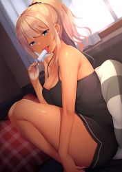 Rule 34 | 1girl, bare shoulders, black dress, black scrunchie, blonde hair, blue eyes, blush, breasts, cleavage, collarbone, commentary request, day, dress, food, hair ornament, hair scrunchie, highres, holding, holding food, indoors, large breasts, licking, long hair, looking at viewer, momo no kanzume, multiple piercings, open mouth, original, pillow, ponytail, scrunchie, sitting, skindentation, solo, tan, thighs, tongue, tongue out, window
