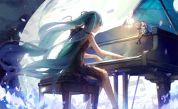 Rule 34 | 1girl, achyue, aqua hair, bass clef, beamed quavers, closed eyes, dress, glowing, hair ribbon, hatsune miku, instrument, long hair, mini person, minigirl, music, musical note, piano, playing instrument, quaver, revision, ribbon, sitting, solo, treble clef, twintails, very long hair, vocaloid
