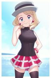 Rule 34 | 1girl, blonde hair, blue eyes, blush, border, bracelet, breasts, brown thighhighs, brown vest, closed mouth, cowboy shot, creatures (company), day, earrings, eyelashes, game freak, gazing eye, grey hat, hand on own hip, hand up, hat, highres, jewelry, looking at viewer, medium hair, miniskirt, nintendo, outdoors, pink skirt, pleated skirt, pokemon, pokemon (anime), pokemon journeys, pokemon swsh105, serena (pokemon), shiny clothes, skirt, sky, smile, solo, sparkle, sweater vest, swept bangs, thighhighs, vest, white border