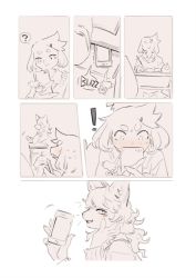Rule 34 | !, 2girls, ?, animal ears, beak, bebebe, bird-chan (bebebe), blush, boned meat, book, cat-chan (bebebe), cat ears, cellphone, classroom, closed mouth, comic, desk, english text, fangs, female focus, flat chest, food, furry, furry female, hair ornament, hairclip, half-closed eyes, hand up, hands up, happy, highres, holding, indoors, long hair, long sleeves, looking at another, looking down, meat, miniskirt, monochrome, multiple girls, multiple views, nose blush, open book, open mouth, original, pencil, pencil case, phone, pleated skirt, school desk, school uniform, shirt, short hair, simple background, skirt, smile, speech bubble, spoken exclamation mark, sweat, sweater, upper body, wide-eyed, writing