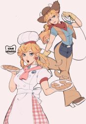 Rule 34 | 2girls, apron, artist name, blonde hair, blue eyes, blue shirt, brooch, brown gloves, brown vest, chef hat, cookie, cowboy hat, cowgirl peach, denim, dual persona, earrings, food, gloves, hair rings, hat, highres, holding, holding plate, holding rope, jeans, jewelry, kamii momoru, long hair, looking at viewer, mario (series), multiple girls, neckerchief, nintendo, official alternate costume, official alternate hairstyle, open clothes, open mouth, open vest, pants, patissiere peach, plate, princess peach, princess peach: showtime!, puffy short sleeves, puffy sleeves, red neckerchief, rope, shirt, short sleeves, simple background, sphere earrings, vest, white apron, white background, white headwear