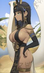Rule 34 | 1girl, absurdres, armpit crease, bare shoulders, black dress, black hair, blue eyes, breasts, bridal gauntlets, cleavage, commentary, commission, cowboy shot, dark-skinned female, dark skin, dress, earrings, egyptian, egyptian clothes, egyptian mythology, english commentary, gold trim, headdress, highres, jewelry, large breasts, leg tattoo, long hair, looking away, no bra, no panties, parted lips, pelvic curtain, revealing clothes, revision, romana, set (mythology), sidelocks, sleeveless, sleeveless dress, sling bikini top, solo, standing, tattoo, thighlet, thighs