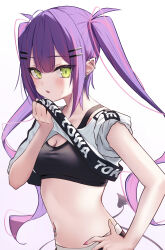 Rule 34 | 1girl, absurdres, black sports bra, breasts, cleavage, crop top, crop top lift, crop top overhang, demon girl, demon tail, ear piercing, green eyes, hair ornament, hairpin, hand on own hip, highres, hololive, hololive dance practice uniform, lifted by self, looking at viewer, medium breasts, multicolored hair, nail polish, navel piercing, nisi ki no, official alternate costume, open mouth, piercing, pink hair, pink nails, pointy ears, purple hair, sports bra, streaked hair, tail, tokoyami towa, twintails, virtual youtuber