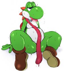 Rule 34 | androgynous, blue eyes, eric lowery, furry, gender request, half-closed eyes, heavy breathing, highres, long tongue, mario (series), nintendo, no humans, shoes, simple background, solo, super mario bros. 1, sweat, tongue, tongue out, yoshi