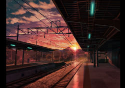 Rule 34 | absurdres, building, cloud, commentary request, evening, fence, forest, highres, house, lens flare, letterboxed, mountain, nature, no humans, original, outdoors, overhead line, railing, railroad crossing, railroad tracks, reflection, rtdx4235, scenery, sky, sunset, train station, train station platform, window, wire