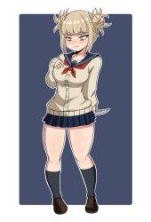 Rule 34 | 1girl, :3, bad anatomy, blonde hair, blush, boku no hero academia, breasts, full body, highres, iamghostskull, knife, medium breasts, outline, school uniform, skirt, smile, thick thighs, thighhighs, thighs, toga himiko, white outline, yellow eyes
