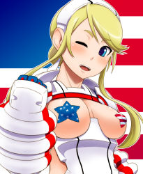 Rule 34 | 1girl, blonde hair, blue eyes, breastless clothes, breasts, heroman, heroman (robot), large breasts, lina davis, mecha musume, one eye closed, pasties, solo, tomatto (@ma!), united states, wink