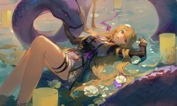 Rule 34 | 1girl, animal, arknights, bare legs, belt, blonde hair, breasts, china dress, chinese clothes, cleavage cutout, clothing cutout, dress, flower, hair between eyes, highres, indigo (arknights), indigo (serene day) (arknights), knees up, lantern, long hair, long sleeves, looking at viewer, lying, medium breasts, official alternate costume, on back, parted lips, petals, petals on liquid, pointy ears, purple dress, purple eyes, riziw, shallow water, short dress, smile, snake, soaking feet, solo, test tube, thigh strap, very long hair, water, white flower