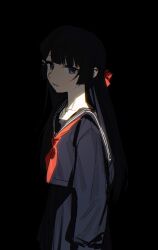 Rule 34 | 1girl, arms at sides, black background, black hair, black sailor collar, black serafuku, black shirt, blue eyes, collarbone, cowboy shot, from side, hair ornament, hairpin, highres, long hair, long sleeves, looking at viewer, neckerchief, nijisanji, parted lips, pleated skirt, popoyu, red neckerchief, sailor collar, school uniform, serafuku, shirt, sidelocks, sideways glance, simple background, skirt, solo, straight hair, teeth, tsukino mito, virtual youtuber