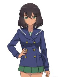 Rule 34 | 1girl, akagi (fmttps), artist name, blue coat, brown hair, buttons, closed mouth, coat, commentary request, cowboy shot, dark-skinned female, dark skin, double-breasted, girls und panzer, green eyes, green skirt, hand on own hip, hoshino (girls und panzer), light smile, lips, long sleeves, looking at viewer, miniskirt, ooarai school uniform, pleated skirt, school uniform, short hair, simple background, skirt, solo, standing, twitter username, white background, winter uniform