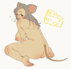 Rule 34 | 1girl, animal ears, ass, barefoot, black eyes, breasts, cheese, dated, feet, female focus, food, grey hair, large breasts, long hair, looking back, mole, mole under eye, mouse ears, mouse girl, mouse tail, muroku (aimichiyo0526), nipples, nude, original, plump, simple background, sitting, soles, solo, tail, toes, wariza, white background