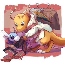 Rule 34 | border, brown eyes, claws, closed mouth, clothed pokemon, clothes hanger, commentary request, creatures (company), dragonite, dratini, eko (wk egg), game freak, gen 1 pokemon, highres, nintendo, no humans, pokemon, pokemon (creature), scarf, smile, sweater, twitter username, watermark, white border
