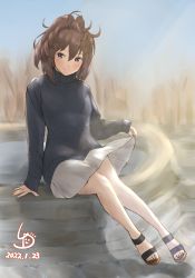 Rule 34 | 1girl, alternate costume, artist logo, black sweater, blue eyes, brown hair, commentary request, dated, full body, highres, kantai collection, ld (luna dial398), long hair, looking at viewer, messy hair, pleated skirt, ponytail, sheffield (kancolle), sitting, skirt, solo, sweater, toeless footwear, white skirt