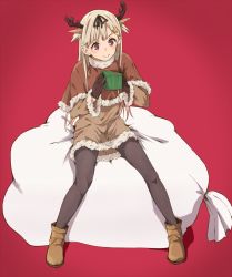 Rule 34 | 10s, 1girl, :&gt;, animal ears, antlers, black pantyhose, blonde hair, boots, capelet, christmas, deer ears, dress, extra ears, fur trim, gift, haine, hair flaps, hair ornament, hair ribbon, hairclip, horns, kantai collection, long hair, oversized object, pantyhose, red background, red eyes, reindeer antlers, ribbon, sack, sitting, sitting on object, smile, solo, sweater, sweater dress, yuudachi (kancolle), yuudachi kai ni (kancolle)