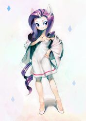 Rule 34 | 1girl, animal ears, blue eyes, blush, dress, hand on own hip, high heels, highres, horns, inuki (aruurara), long hair, my little pony, my little pony: friendship is magic, personification, purple hair, rarity (my little pony), shawl, shoes, simple background, single horn, smile, solo, tail, white background