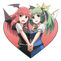 Rule 34 | 2girls, bad id, bad pixiv id, bat wings, blue eyes, breast press, breasts, daiyousei, embodiment of scarlet devil, fang, female focus, green hair, head wings, heart, holding hands, kaito (k4itoh), koakuma, long hair, multiple girls, pointy ears, red eyes, red hair, short hair, side ponytail, simple background, symmetrical hand pose, tareme, touhou, tsurime, wings
