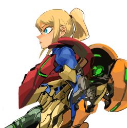 Rule 34 | 1girl, 33dot, arm cannon, armor, blonde hair, blue eyes, commentary, english commentary, from side, highres, looking ahead, metroid, metroid: zero mission, nintendo, ponytail, power armor, samus aran, solo, weapon, zero suit