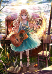 Rule 34 | 1girl, acoustic guitar, akabane (zebrasmise), alcohol, ankle cuffs, ankle lace-up, apple, barefoot, blonde hair, blue eyes, braid, chair, choker, collarbone, cross-laced footwear, dagger, dress, fire, flower, food, fruit, guitar, highres, instrument, knife, light smile, long hair, original, piano, pigeon-toed, revision, side braid, solo, star (symbol), star print, upright piano, wavy hair, weapon, wine