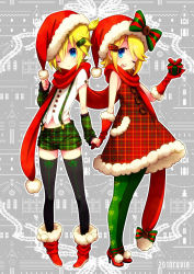 Rule 34 | 1boy, 1girl, arm warmers, blonde hair, boots, bow, box, brother and sister, christmas, coat, ebira (ruvie), fur coat, gift, gift box, hat, kagamine len, kagamine rin, navel, open mouth, pantyhose, plaid, pom pom (cheerleading), ponytail, ribbon bow, santa costume, santa hat, scarf, shared clothes, shared scarf, shirt, shoes, short hair, short shorts, short sleeves, shorts, siblings, sleeveless, sleeveless coat, suspenders, thighhighs, trap, twins, vocaloid, white shirt
