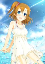 Rule 34 | 10s, 1girl, arms behind back, blue eyes, breasts, brown hair, cleavage, contrail, dress, hair between eyes, hiro9779, kosaka honoka, love live!, love live! school idol project, nail polish, one side up, open mouth, orange hair, own hands together, pink nails, scrunchie, short hair, side ponytail, solo, splashing, sundress, water, water drop