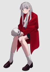 Rule 34 | 1girl, absurdres, black nails, black skirt, blunt bangs, closed mouth, coat, collared shirt, commentary, fingernails, grey eyes, grey hair, grey necktie, hair behind ear, highres, holding, holding skull, jacket, legs, loafers, long eyebrows, long hair, looking to the side, nail polish, necktie, original, ozorano megane, pleated skirt, red coat, red jacket, shirt, shoes, simple background, sitting, skirt, skull, socks, solo, white background, white shirt, white socks