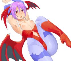 Rule 34 | 1girl, animal print, armpits, arms up, bat print, breasts, capcom, head wings, highres, leg lift, leotard, lilith aensland, low wings, minakami (flyingman555), pantyhose, pink hair, print pantyhose, red eyes, red leotard, short hair, simple background, small breasts, smile, solo, vampire (game), white background, wings