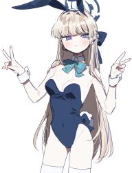 Rule 34 | 1girl, 3j dangan, animal ears, bare shoulders, blonde hair, blue archive, blue eyes, blue hair, blue leotard, blush, bow, bowtie, breasts, closed mouth, detached collar, double v, fake animal ears, fake tail, halo, highres, leotard, long hair, looking at viewer, medium breasts, multicolored hair, playboy bunny, rabbit ears, simple background, solo, strapless, strapless leotard, streaked hair, tail, thighhighs, toki (blue archive), toki (bunny) (blue archive), v, very long hair, white background, white thighhighs, wrist cuffs