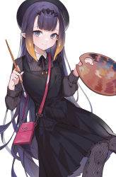 Rule 34 | 1girl, bag, beret, black dress, black hat, blonde hair, blue eyes, commentary, dress, gradient hair, hat, highres, holding, holding paintbrush, hololive, hololive english, long hair, long sleeves, looking at viewer, machi (7769), multicolored hair, ninomae ina&#039;nis, ninomae ina&#039;nis (casual), official alternate costume, paintbrush, palette (object), pantyhose, pleated dress, purple hair, shoulder bag, smile, solo, tentacle hair, very long hair, virtual youtuber