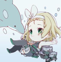 Rule 34 | 1girl, animal, bad id, bad twitter id, blonde hair, blush, bodysuit, boots, bubble, chibi, diving suit, dolphin, full body, green eyes, hairband, kantai collection, luigi torelli (kancolle), mitsume (trancetion), outstretched arms, rigging, short hair, simple background, sleeveless, smile, solo, thigh boots, thighhighs, underwater, wetsuit, white hairband