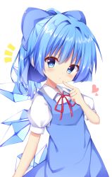 Rule 34 | 1girl, alternate hairstyle, arm at side, arm up, blue dress, blue ribbon, bow, cirno, commentary, dress, expressionless, finger to mouth, hair between eyes, hair bow, head tilt, heart, highres, notice lines, pinafore dress, ponytail, puffy short sleeves, puffy sleeves, red neckwear, red ribbon, ribbon, sabana, shirt, short hair, short sleeves, simple background, sleeveless dress, solo, standing, touhou, upper body, white background, white shirt, wings